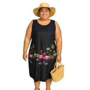 Vintage 90's KY'S Women's Black Cottom Sundress Flamingo Tropical Print XL